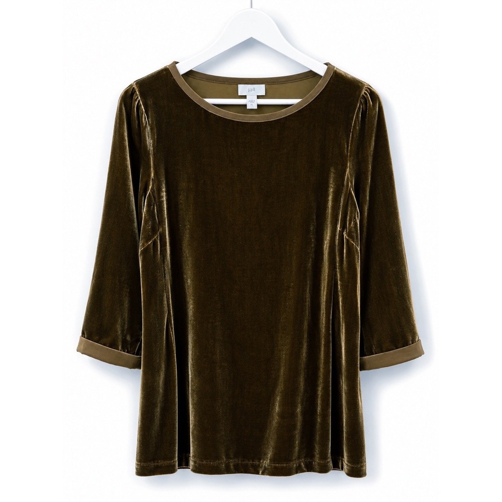 J. Jill Olive Green Silk Blend Velvet 3/4 Sleeve Blouse Top Womens Medium Petite